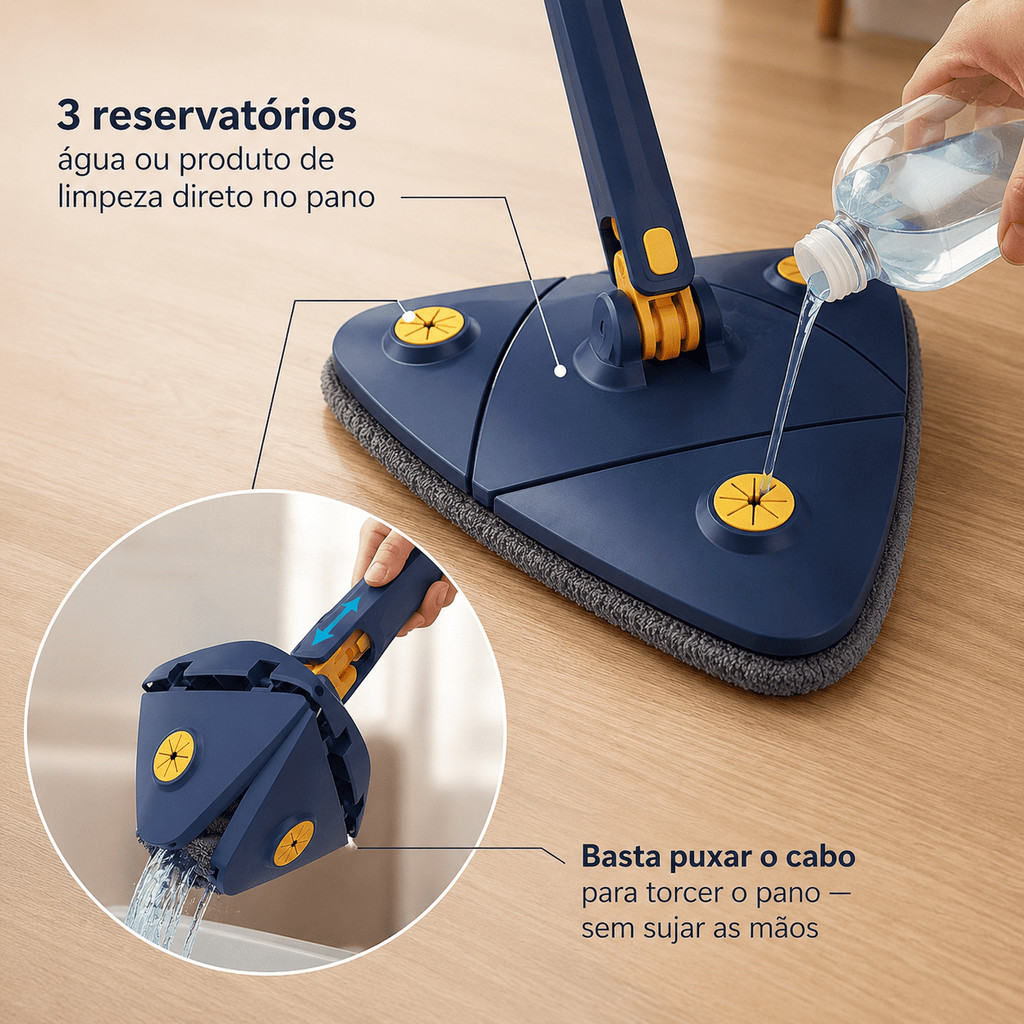 Mop Giratório 360 Triangular Rodo Esfregão Cabo Telescópico Extensível Microfibra Limpeza Casa Cozinha Banheiro