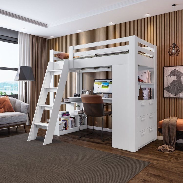 Cama Alta Beliche Office Adulto Multifuncional com 6 Gavetas Micenas Yescasa Branco