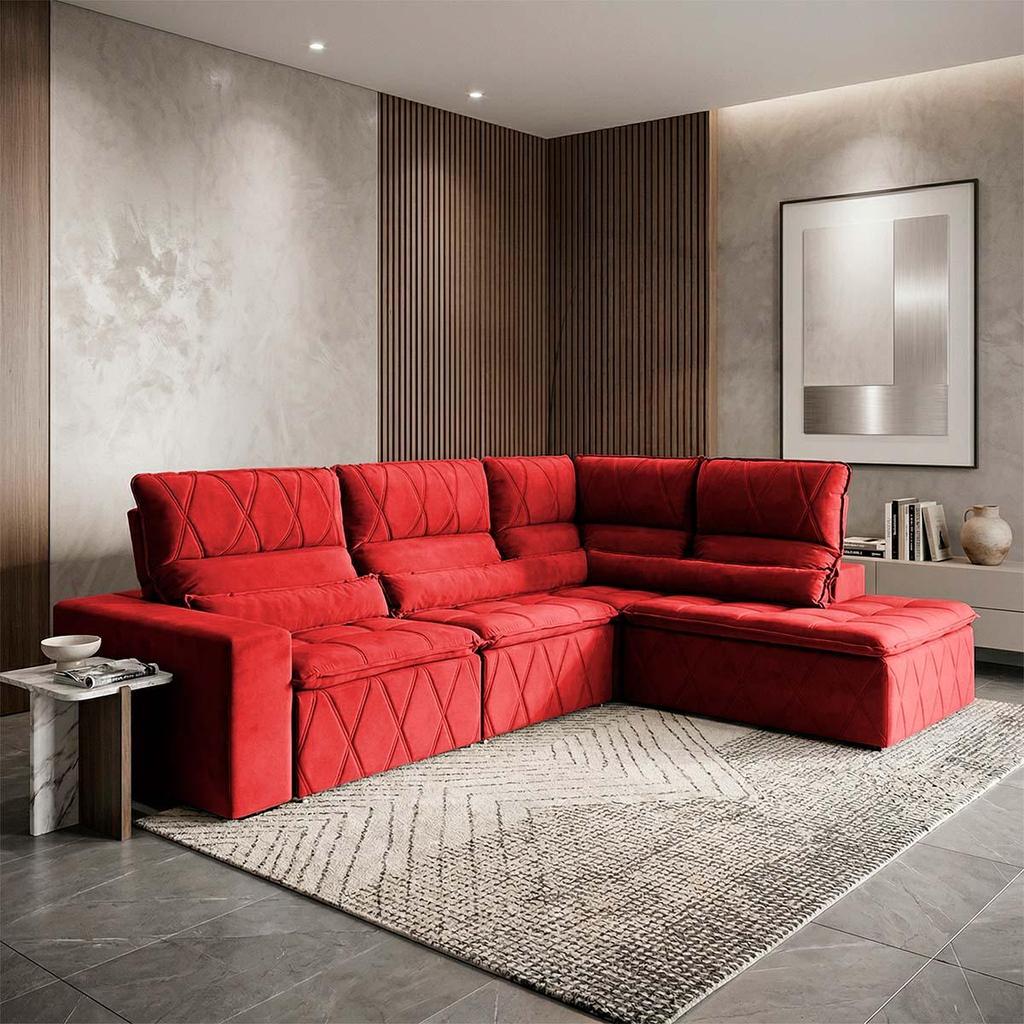 Sofá De Canto Amsterdam Vermelho Molas Retrátil Reclinável - King House