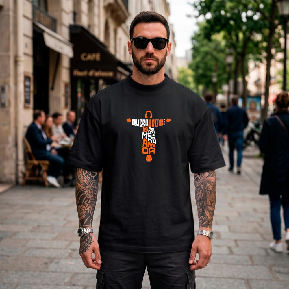Camiseta Oversized Suedine Masculina Estampada Teu Primeiro Amor Streetwear Cristã