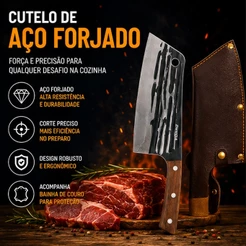 Cutelo de Aço Forjado Artesanal Profissional Com Bainha Cabo Ergonômico Churrasco Açougue