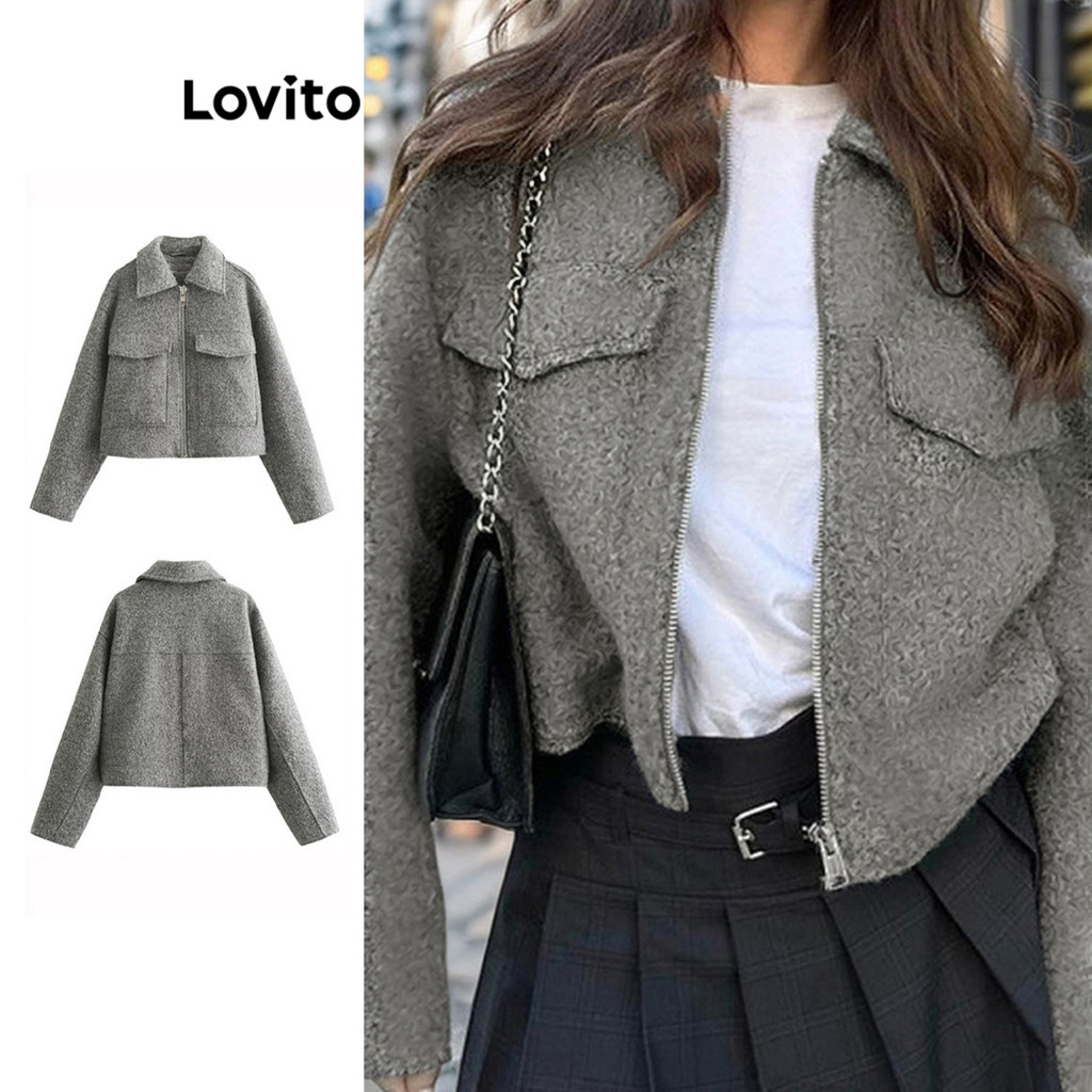 Lovito Casual Jaqueta Com Bolso Liso Com Zíper Para Mulheres LNL54290