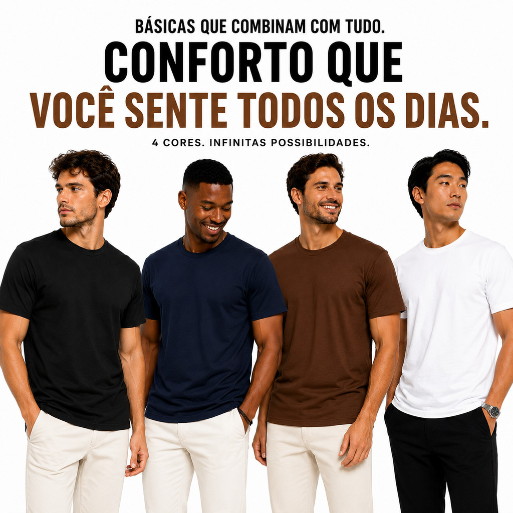 Kit 2 Camiseta Masculina 100% Algodão Premium Básica diversas Cores Lisa Redonda