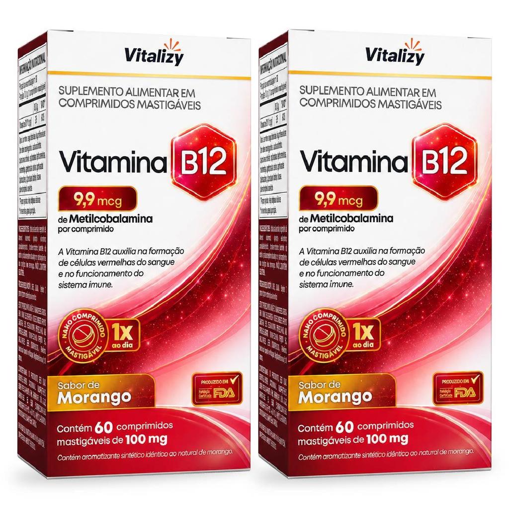 Kit 2x60 Comprimidos Vitamina B12 Metilcobalamina Mastigáveis Sabor Morango Alto Teor Zero Açúcar Original Vitalizy
