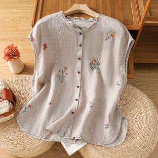 Camisa literária de linho de algodão bordado com redução de idade, sem mangas, feminina, verão, gola fungo, moda pequena