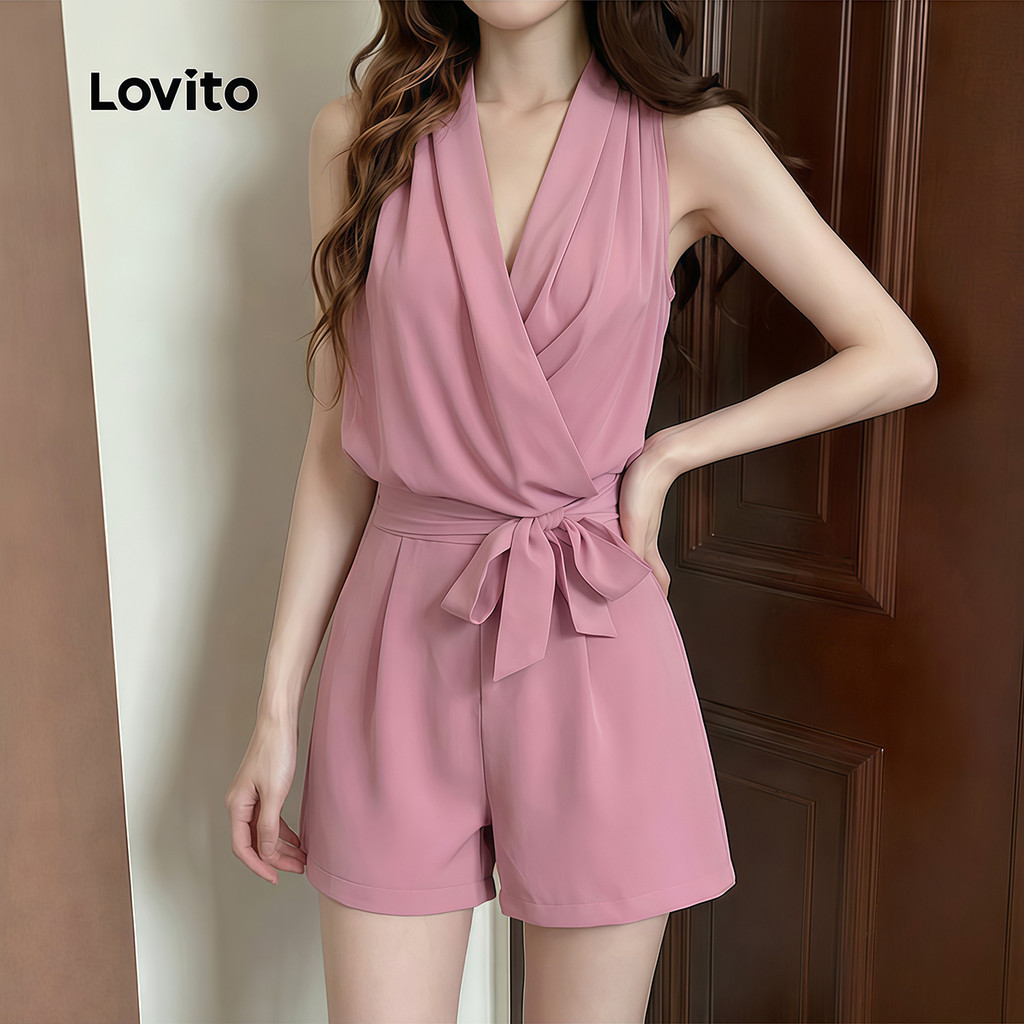Lovito Macacão Casual com Laço Plissado Rosa Primavera/verão para mulheres JRK8P1D265 · foto 2