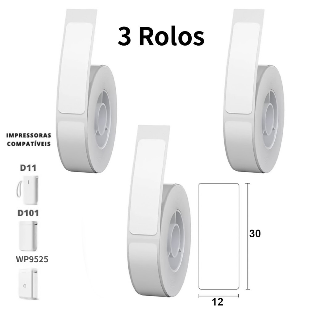 3 Rolo Etiqueta Niimbot WP9525 D101 D11 12x30mm (180pçs)