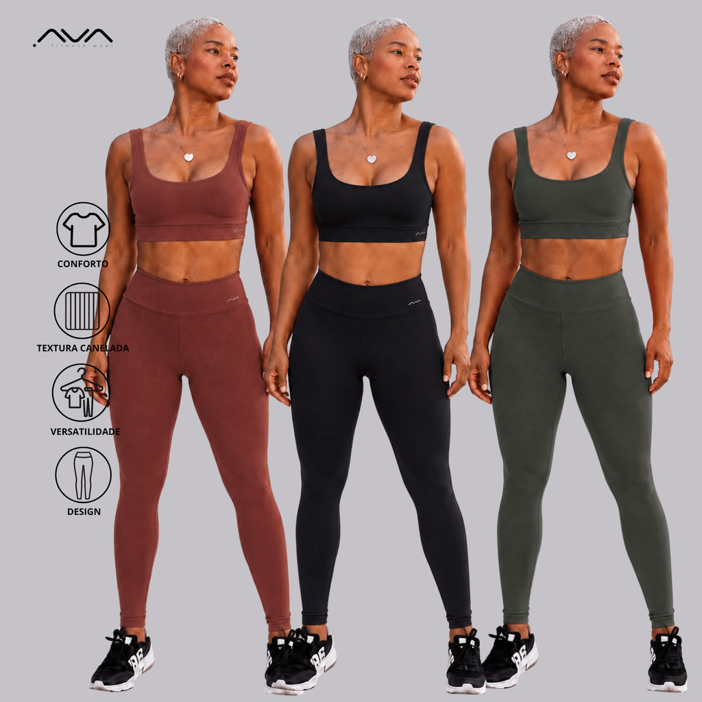 Conjunto Feminino Academia Top U e Calça Canelada Com Forro Cós Alto Suplex Poliamida AVA Fitness