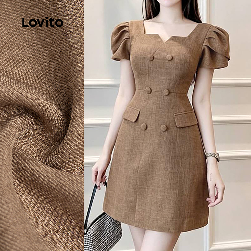 (New Arrival) Lovito Vestido Elegante Plissado Vestido Caqui Primavera/verão par