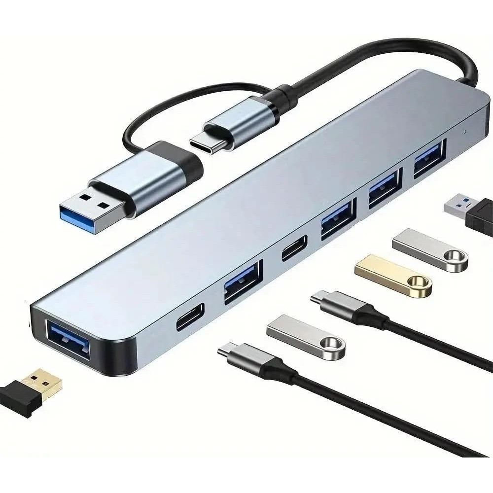 Hub USB-C e USB-A 3.0, Adaptador 7 em 1, Portátil, Veloz e Multifuncional Para Computadores, Smartphones,  Tablets e PC