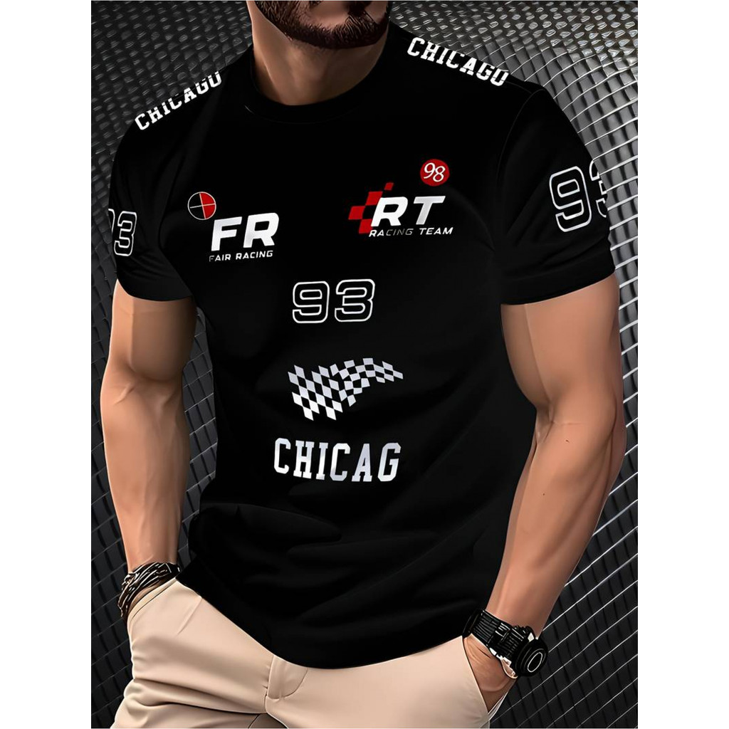 Camiseta de manga curta estampada estilo Chicago Racing na moda legal preta gola redonda Top Street exclusivo masculino 