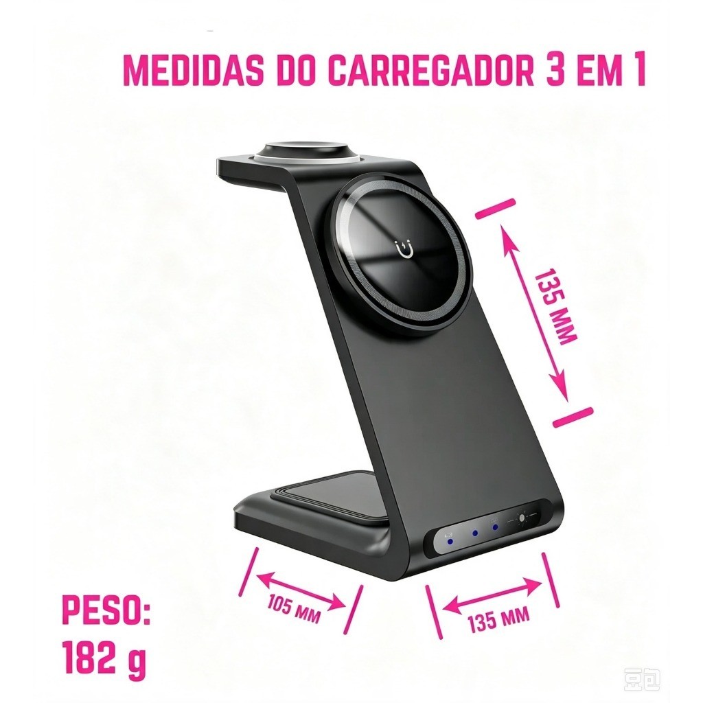 Carregador por Indução Magnético 3 em 1 15W Anatel para Celular Fone de Ouvido Smartwatch