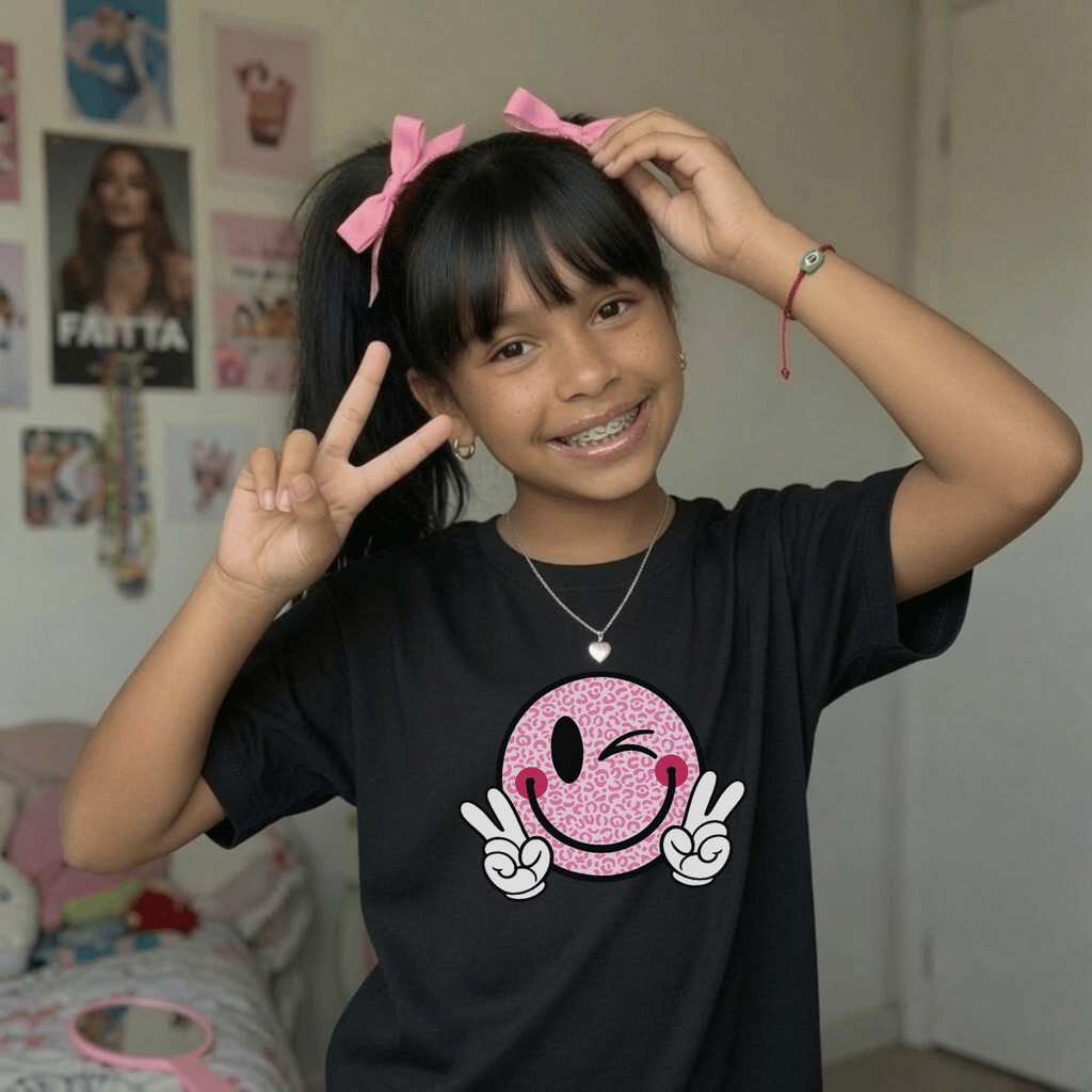 Camiseta Infantil Estampada Rosto feliz Rosa 100% Básica Manga Curta Unissex Masculina e Feminino Básica