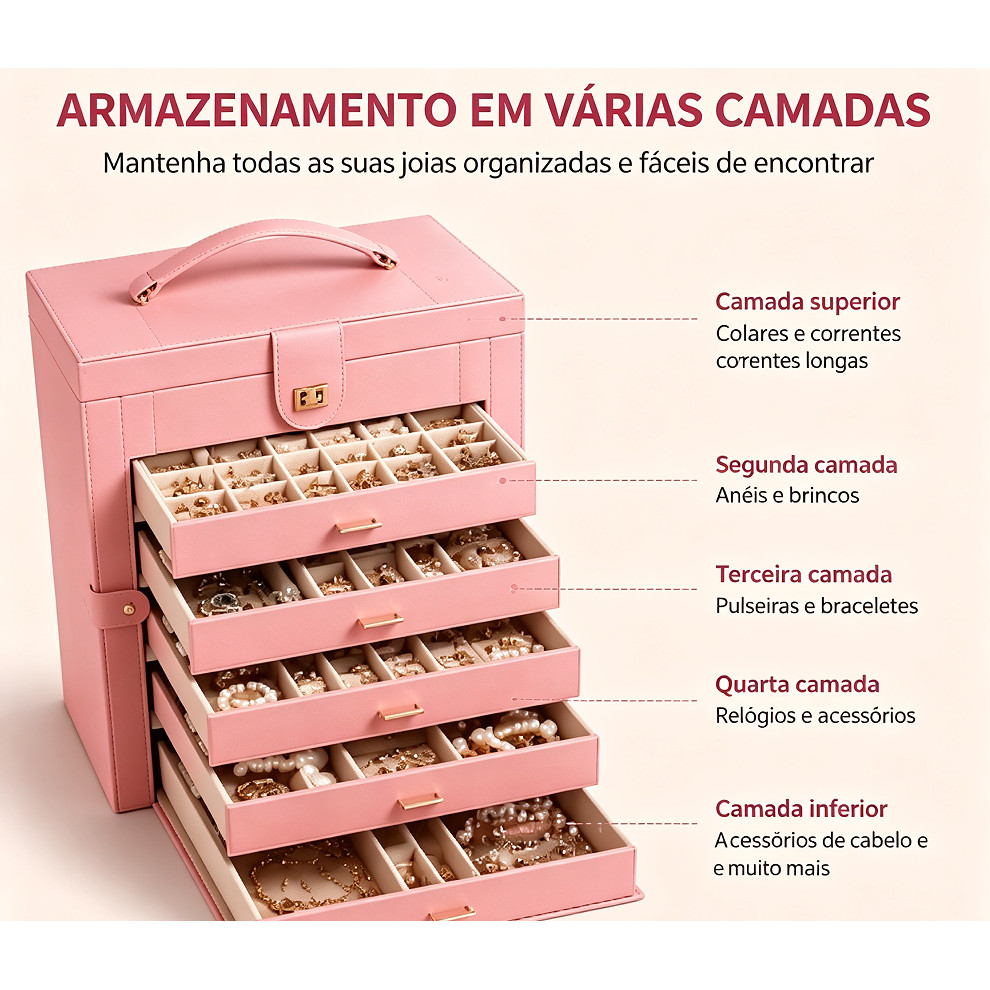 Caixa Organizadora de Joias com Vários Níveis, Grande Capacidade com Fechadura e Alça para Maquiagem e Acessórios