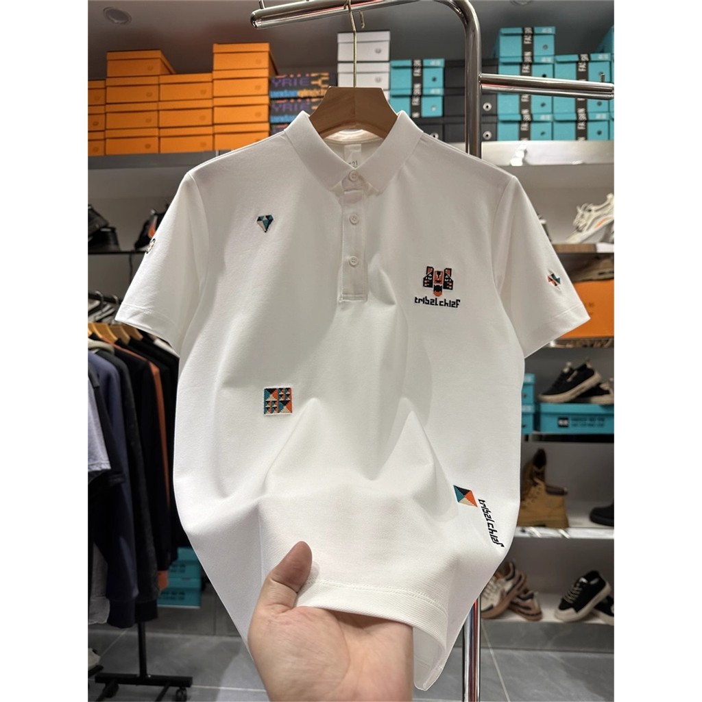 Camisa polo masculina Casual bordada de manga curta 2025 novo estilo verão roupas superiores na moda roupas masculinas P