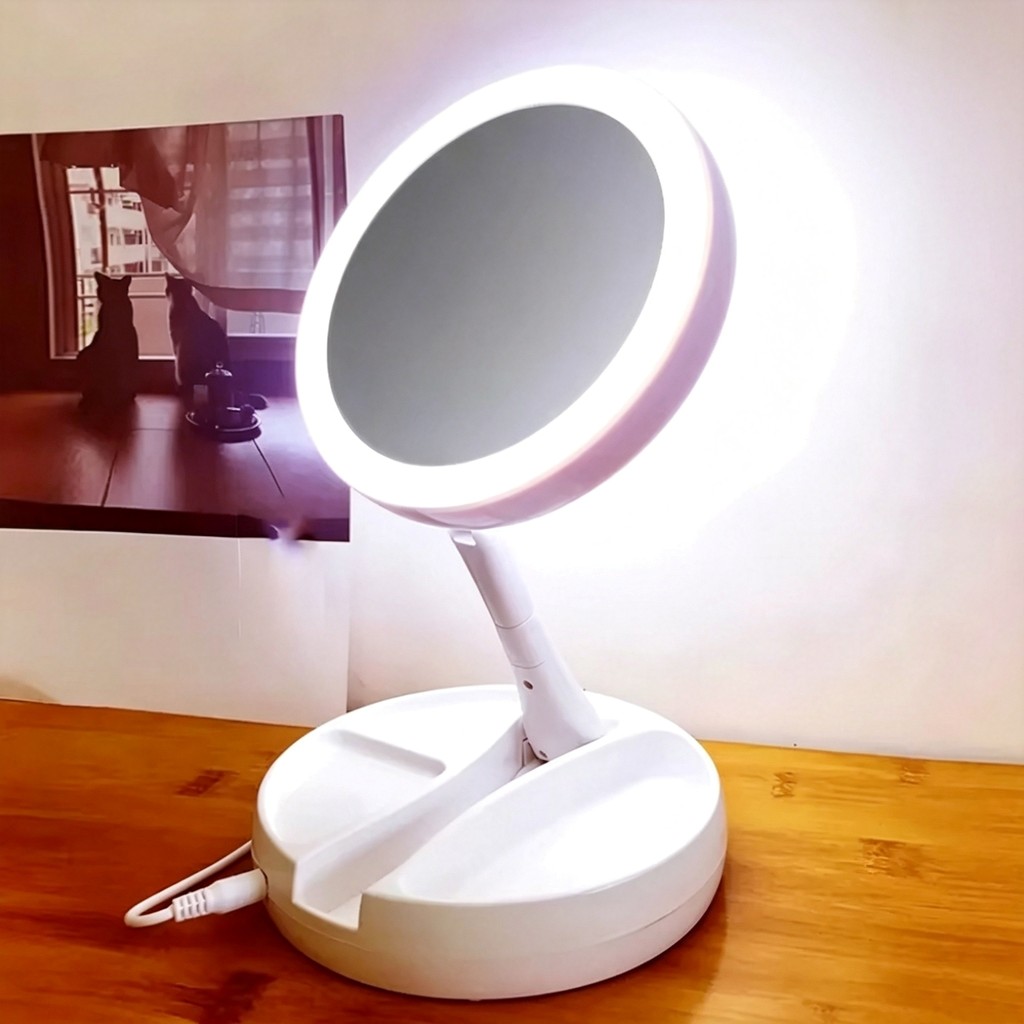 Espelho Maquiagem LED Viagem Dupla Face 10X Aumento, Portátil Dobrável c/ Luzes, Alimentação Dupla