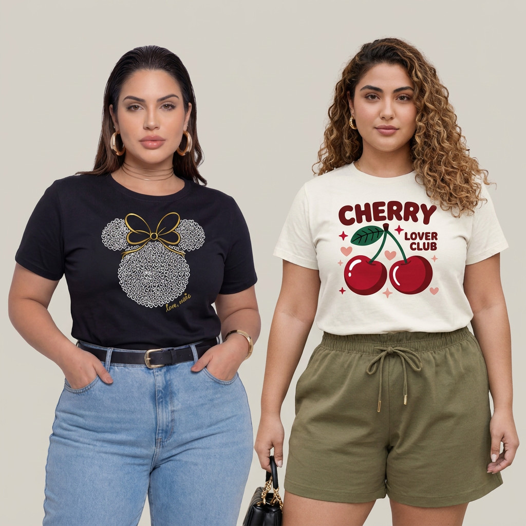 Kit 2 Camisetas Plus Size Feminina Cereja Blusinha Estampada 100% Algodão Tendencia Estilosa