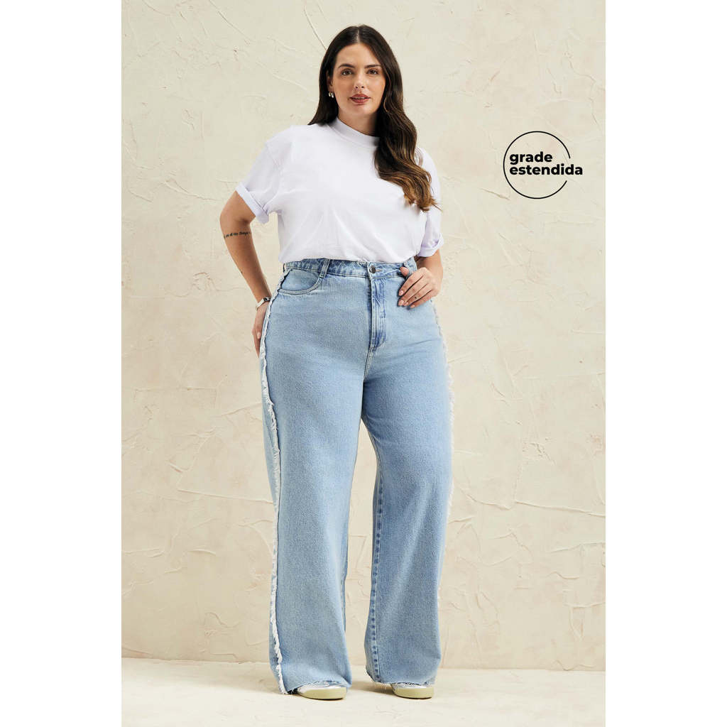 Calça Feminina Wide Leg Franja Jeans Marialícia Azul