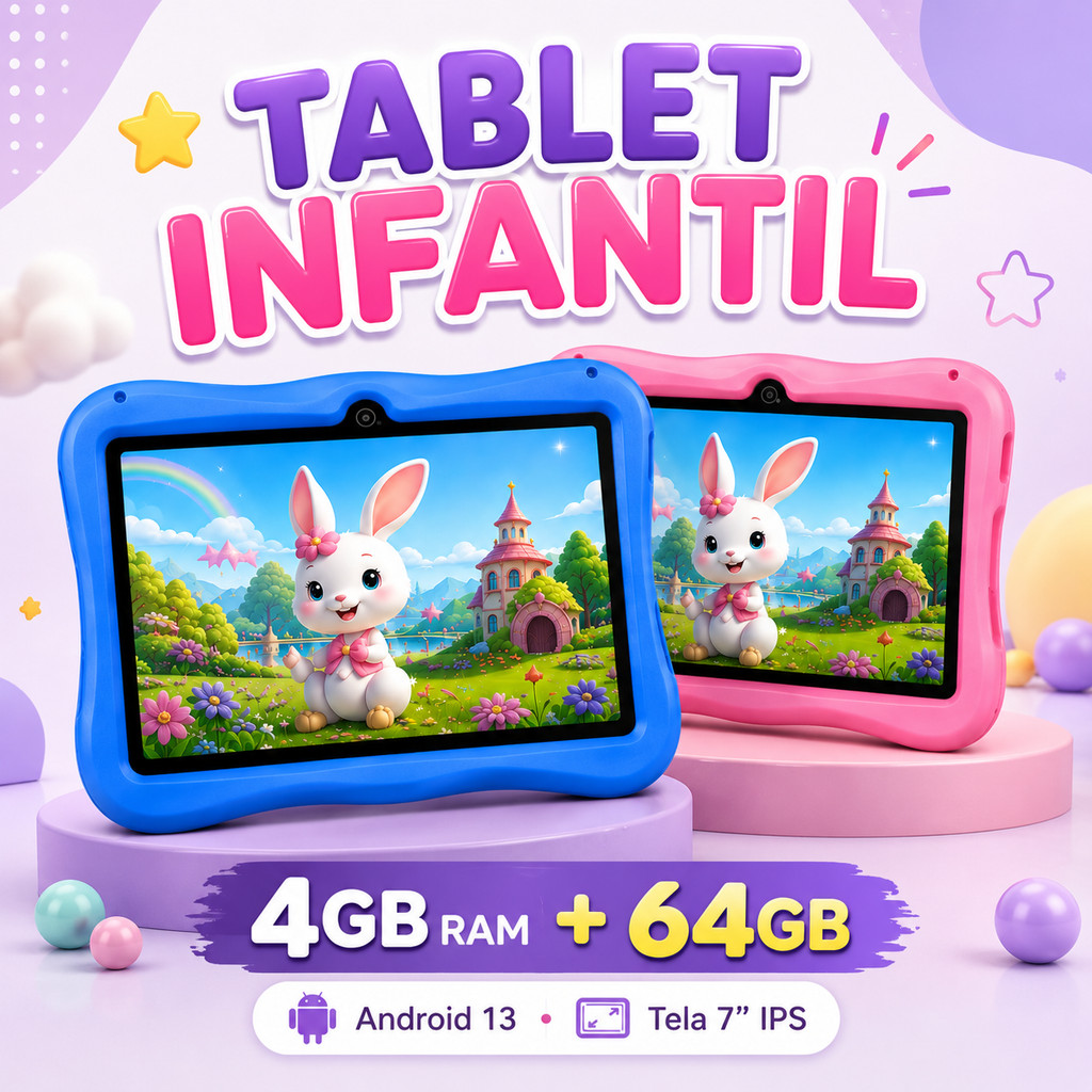 Tablet Kids Infantil Educativo 7” 4GB RAM 64GB Android 13 Play Store Wi-Fi Capa com Suporte e Caneta