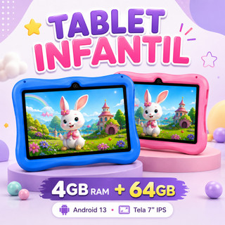 Tablet Kids Infantil Educativo 7” 4GB RAM 64GB Android 13 Play Store Wi-Fi Capa com Suporte e Caneta
