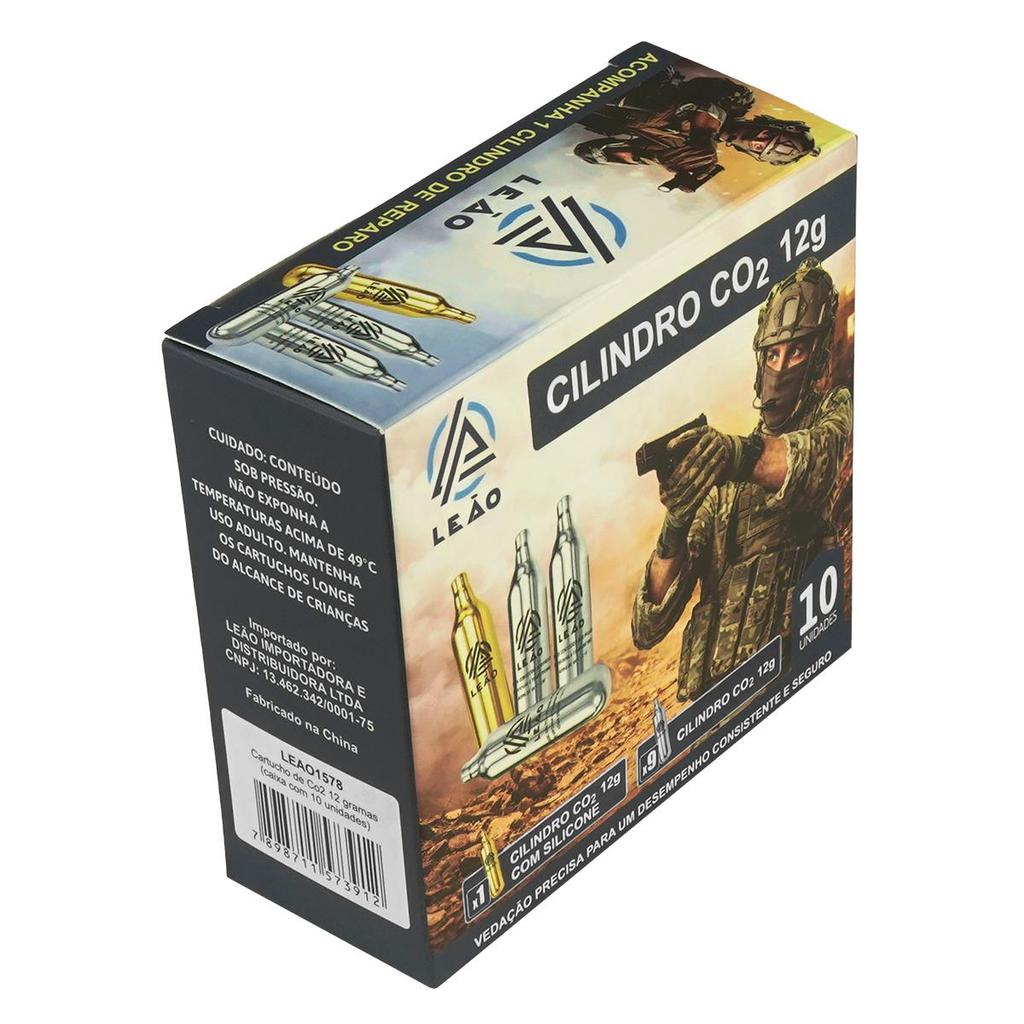 Cilindro CO2 12g 10un Sem Rosca Leão Airsoft Encaixe 3/8