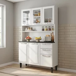 Cozinha Compacta em Aço 6 Portas 2 Gavetas com Bancada e Vidro 196 x 120cm Pratika Itatiaia Branco Branco