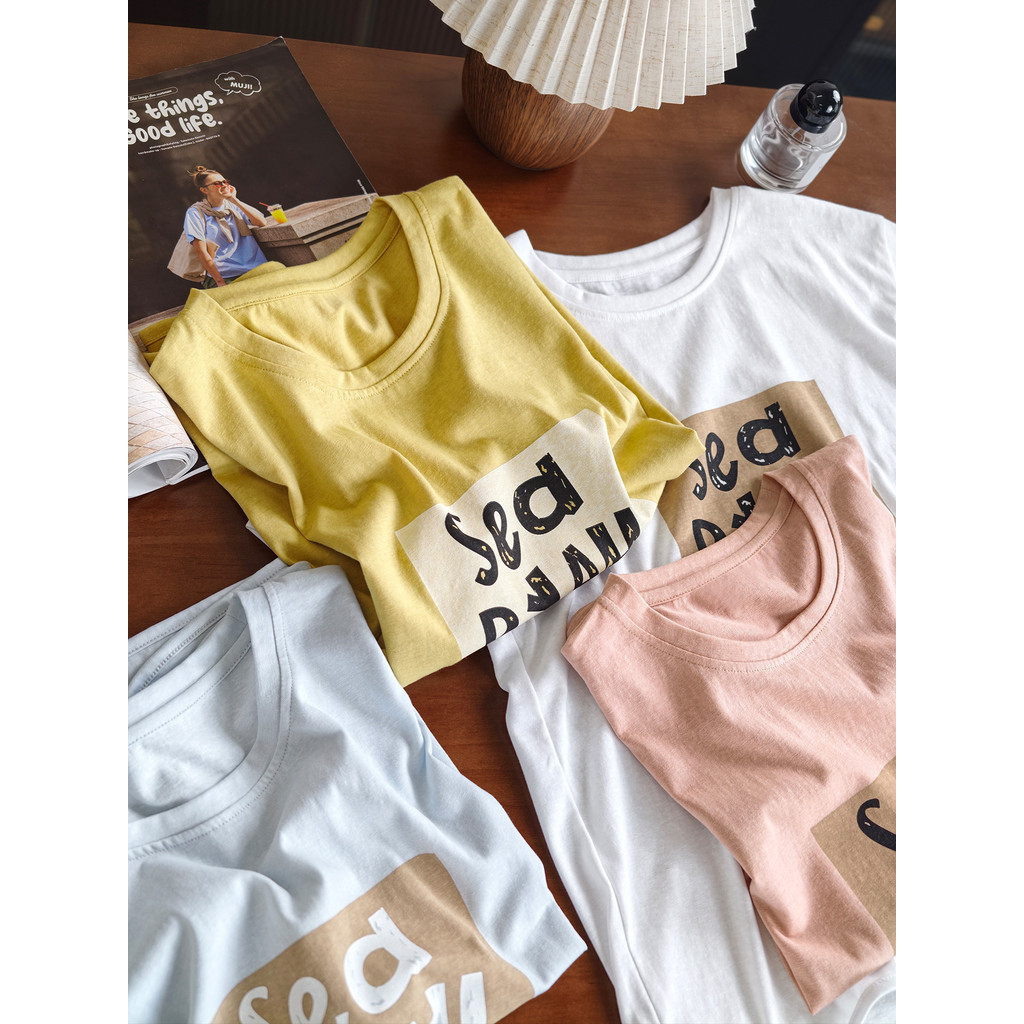 Produzido por Xiaoer Dyeing! Camiseta de manga curta de algodão fino/impressão de letras coloridas/arco com fenda