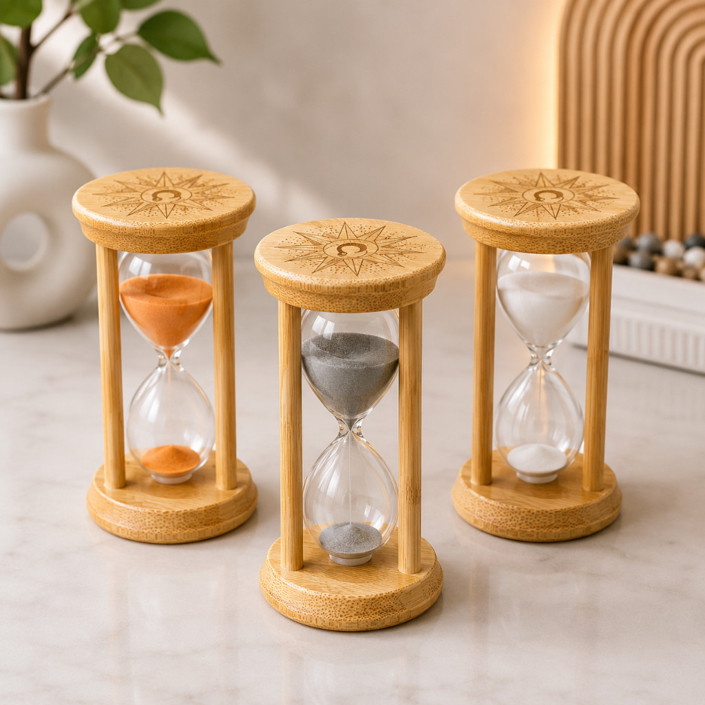 Ampulheta de Bambu 30 Minutos 15cm Decorativa Mesa Escritório Timer Areia Branca ou Cinza