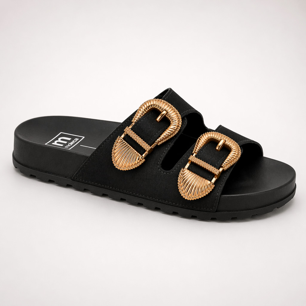 Birken Feminina Papete Sandália Tratorada Slide Maxi Fivela Dupla Dourada Estilosa Moleca Original