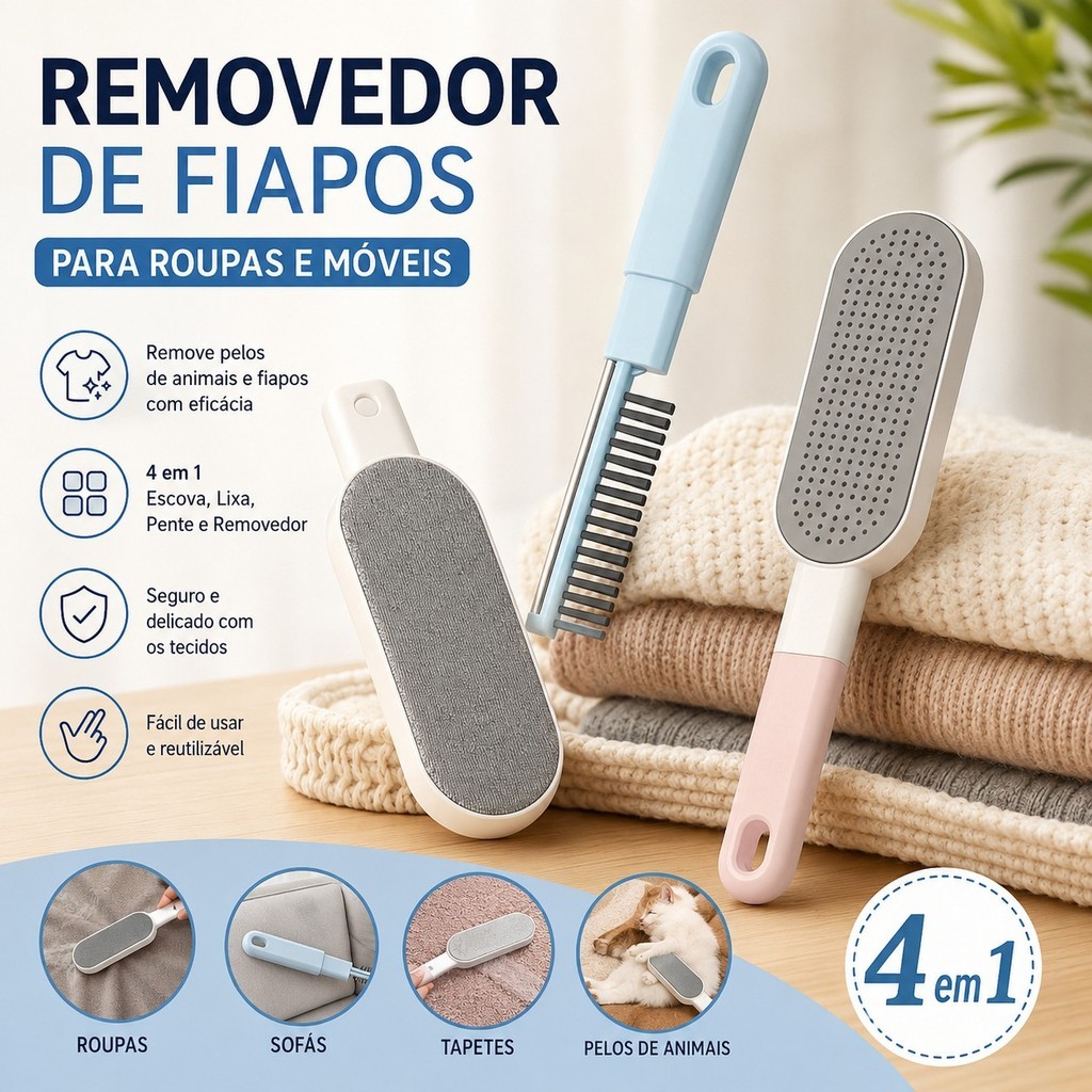 Removedor de Pelos e Fiapos 4 em 1 para Roupas Sofá Tapete Reutilizável