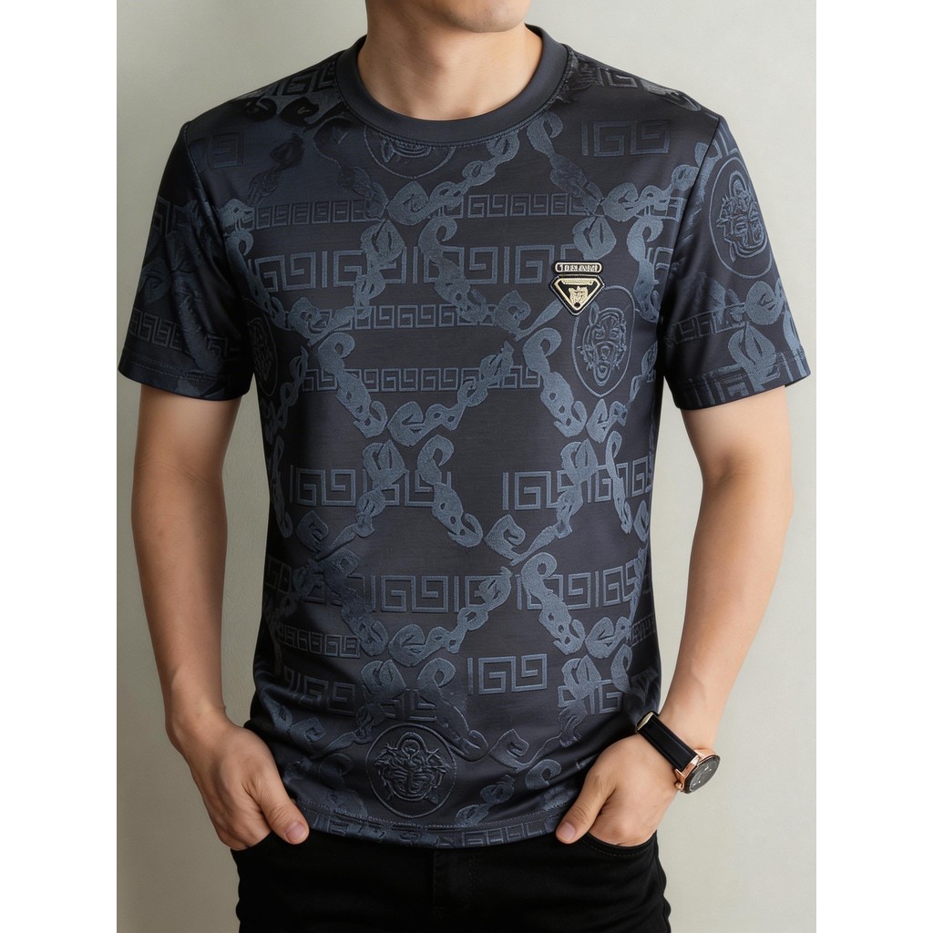 Camiseta masculina verão de manga curta seda gelo em torno do pescoço Jacquard meia manga respirável de secagem rápida l