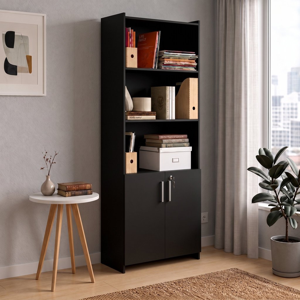 Armário para Escritório Semi-Aberto 2 Portas com Chave 70cm Preto Preto