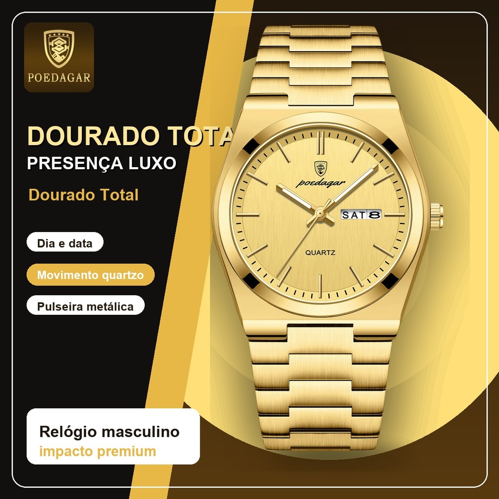 POEDAGAR 930 Relógio de pulso masculino prateado, calendário dia e data, pulseira metálica para uso diário