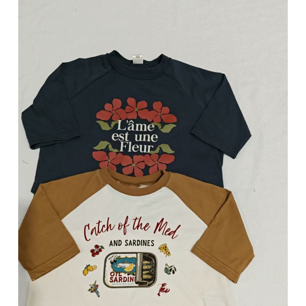 Estilo japonês meninos meninas puro algodão manga de três quartos camiseta novo estilo crianças topo camiseta camisa de 