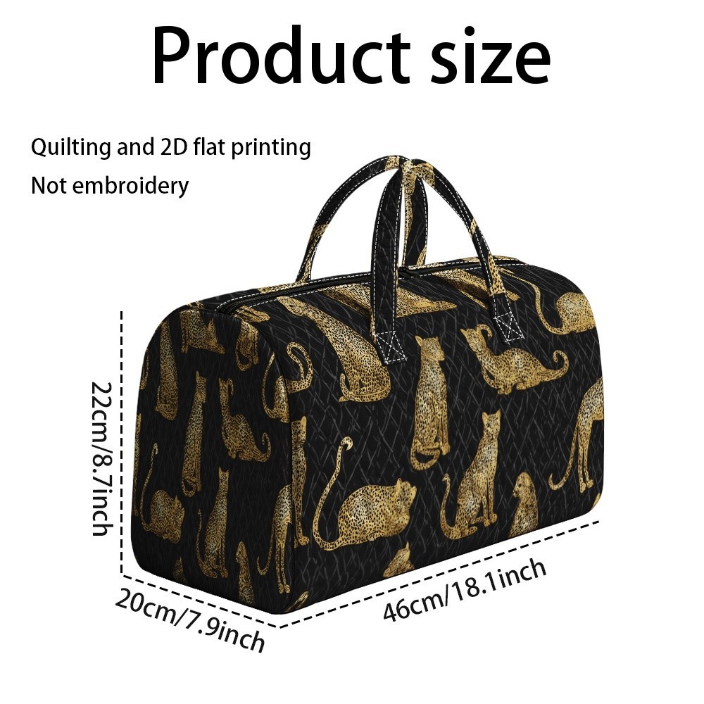 Sacola acolchoada preta com estampa plana 2D 1 com estampa de leopardo dourado, bolsa portátil de viagem para Fitness, v