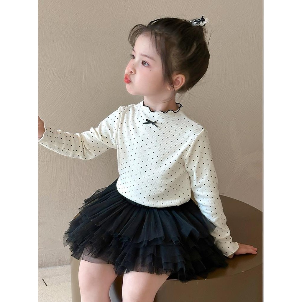 95 algodão meninas camiseta de manga comprida primavera outono novo estilo infantil estilo ocidental bolinhas camisa de 