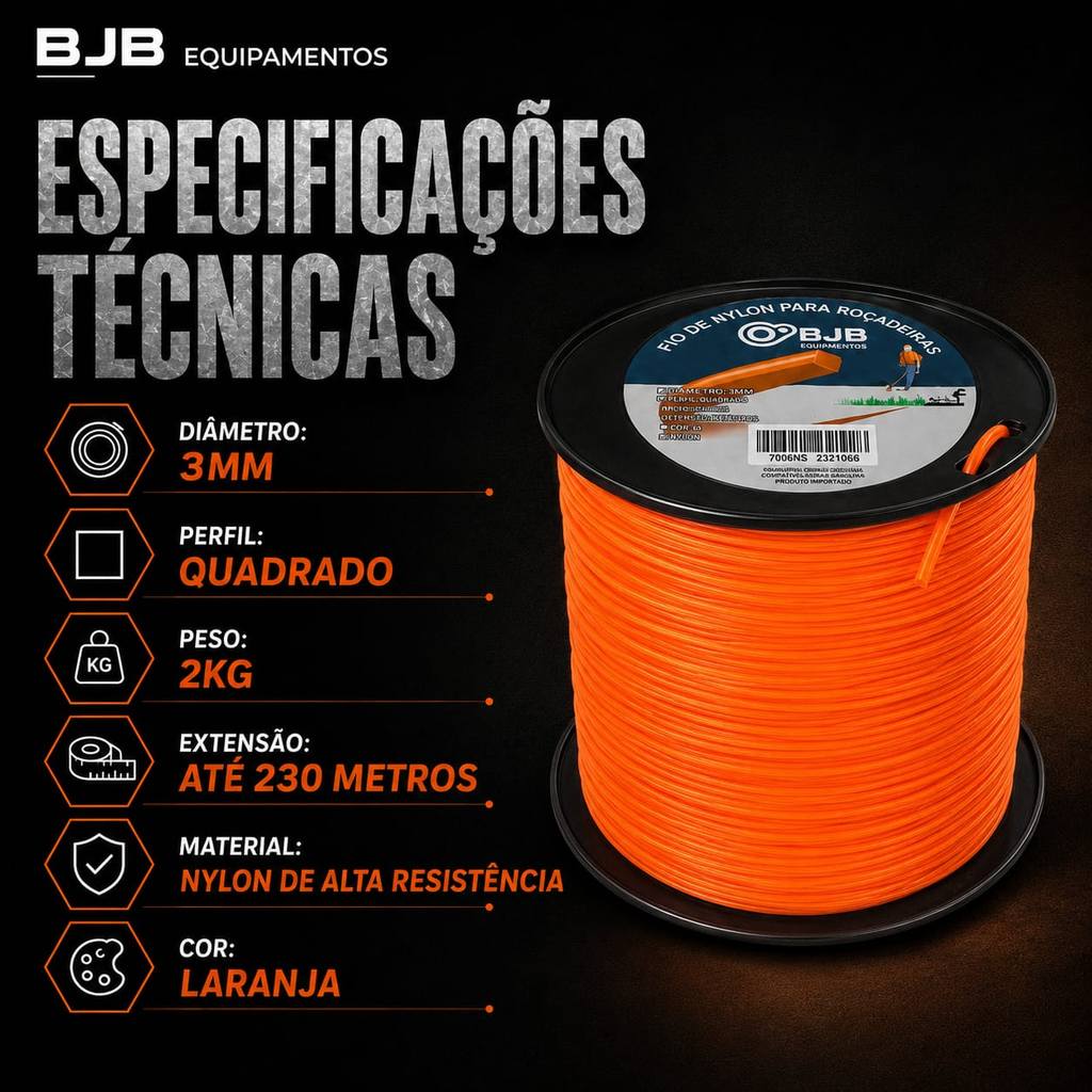 Fio de Nylon Quadrado 3mm 230m Laranja Multimarcas Para Roçadeira Universal - Resistente e Durável - Bobina com 2 kg — imagem 2 de 2