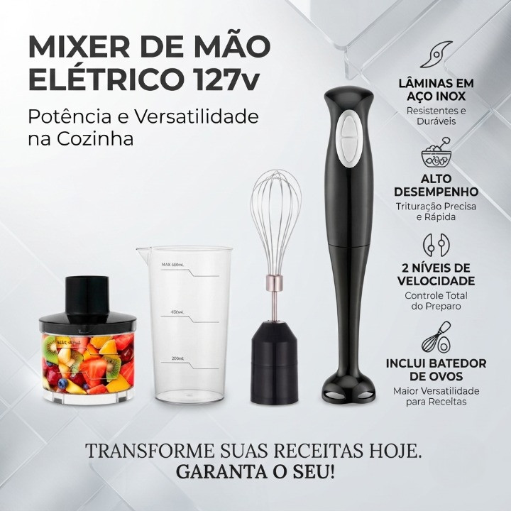 Mixer de Mão 3 em 1 300W Inox Triturador + Batedor de Ovos Misturador 127V