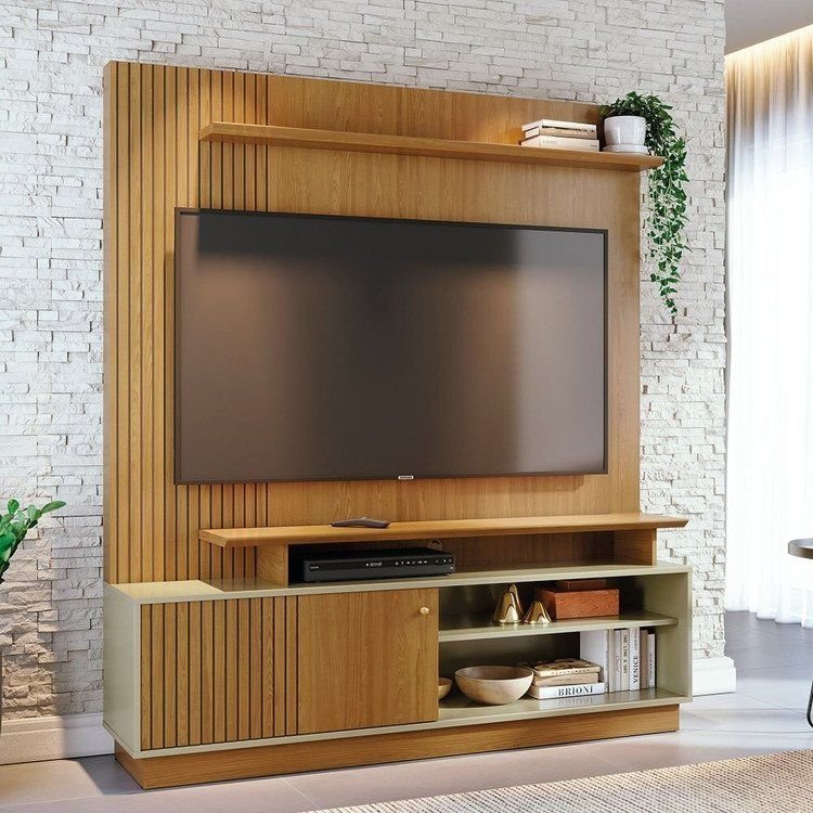Estante para TV e Home Theater Ripado até 65 Polegadas 160cm x 183,5 cm 1 Porta Ares Marrom Bege Cumaru/Opala
