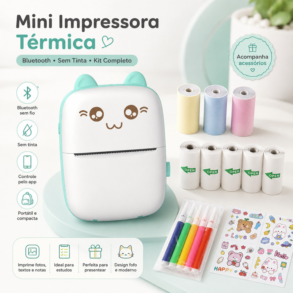 Mini Impressora Térmica Portátil Bluetooth Sem Tinta Kit Papel Adesivo Caneta para Celular