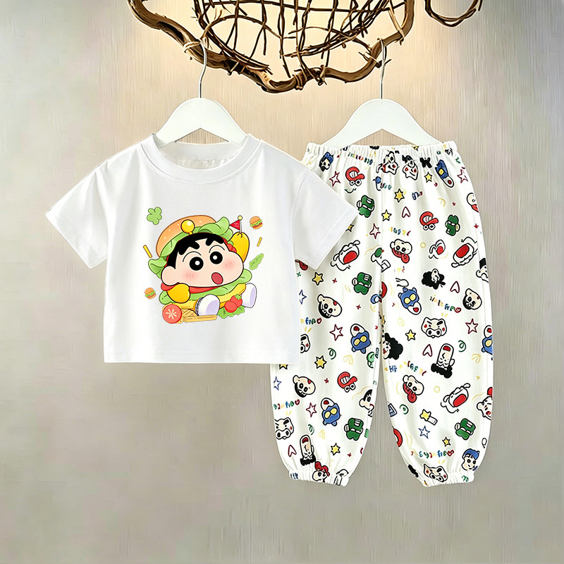 Crayon Shin-Chan crianças terno de verão meninos puro algodão manga curta camiseta estilo fino calças Anti-Mosquito meni
