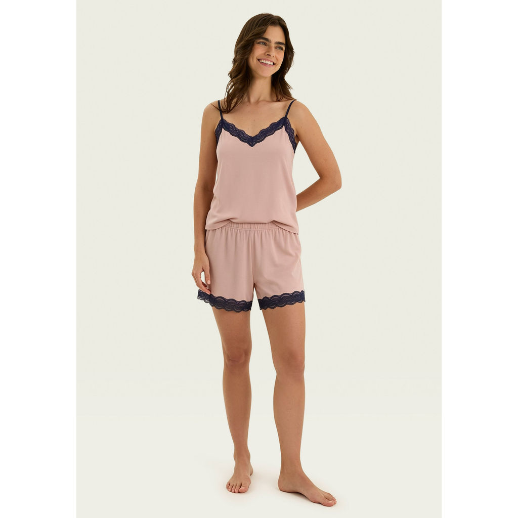 Pijama Curto Feminino Em Viscose Com Renda