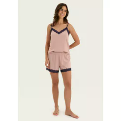 Pijama Curto Feminino Em Viscose Com Renda