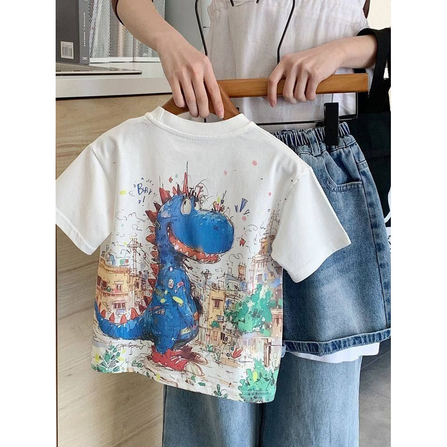 Meninos dos desenhos animados verão camiseta 2026 novo estilo Graffiti respirável impresso dinossauro roupas crianças de