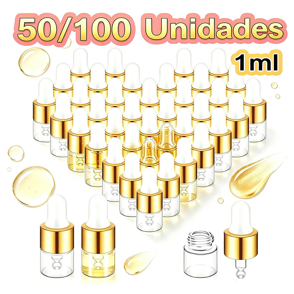 Kit 100 Frascos Vidro Conta‑Gotas 1ml Bico Dourado Transparente, Para Óleos Essenciais Sérum Cosmético Amostras E Viagem