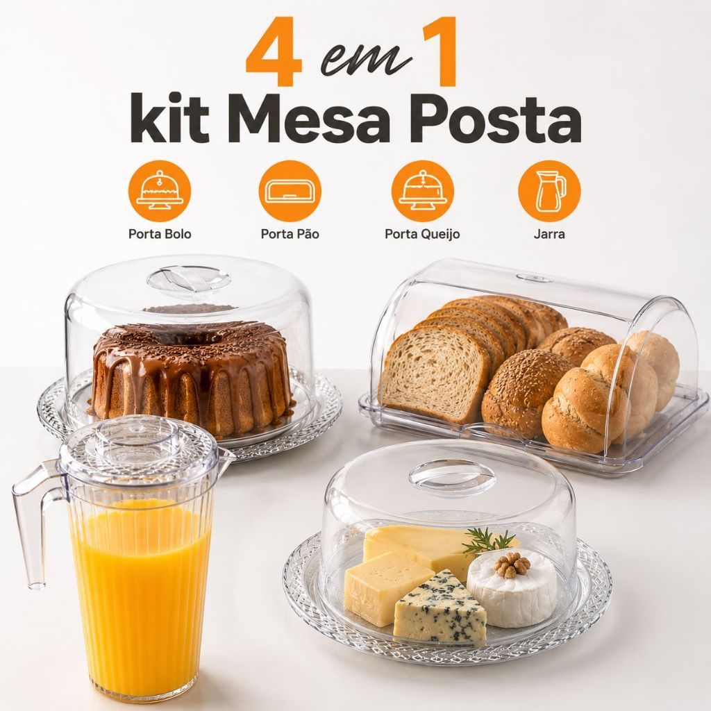 Kit 4 em 1 Mesa Posta Acrilico Cristal Porta Pao Bolo Queijo Jarra Cozinha Utensílios Premium