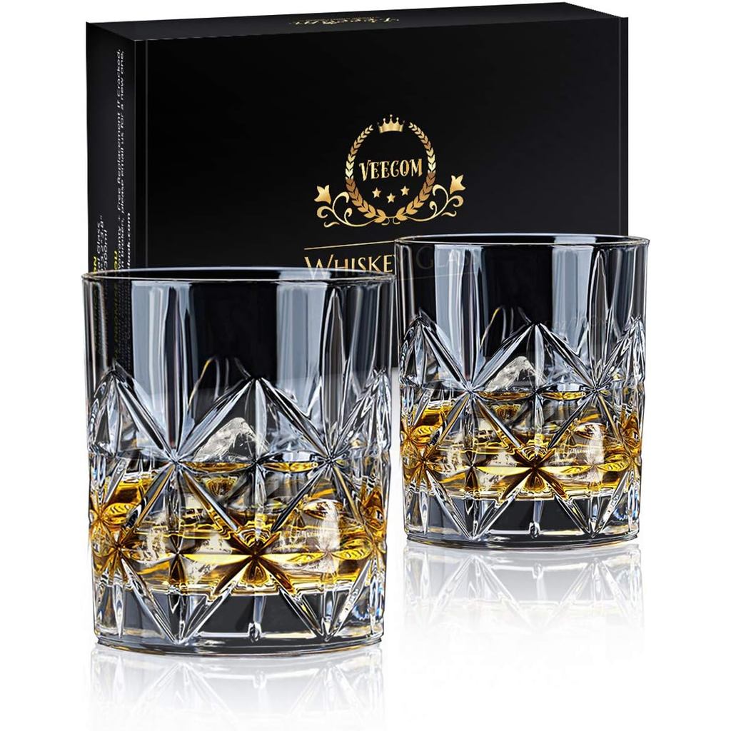 Conjunto de 2 copos de uísque, copos de uísque de cristal de 10 onças, copos de uísque bourbon de fundo grosso, presente