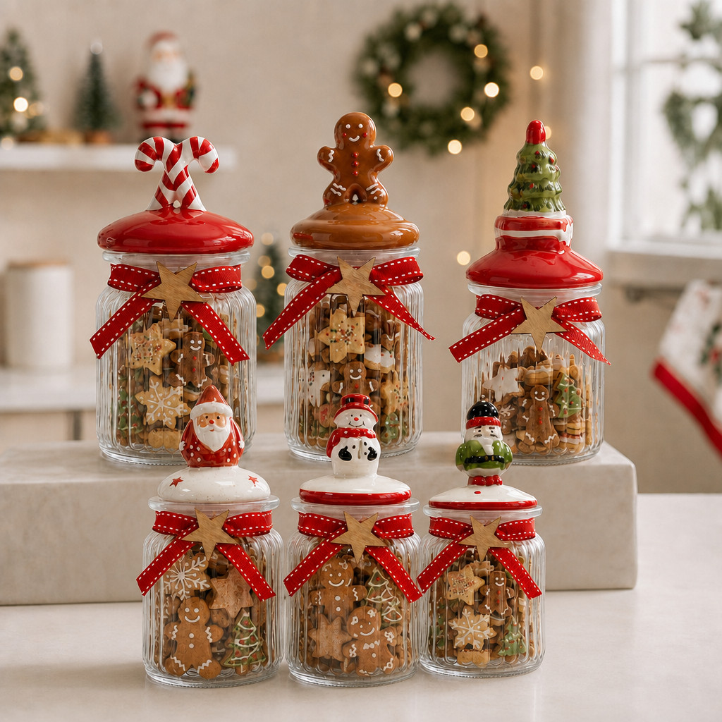 Pote De Vidro Com Tampa Decorativa Natalina Para Doces E Biscoitos 2 TAMANHOS