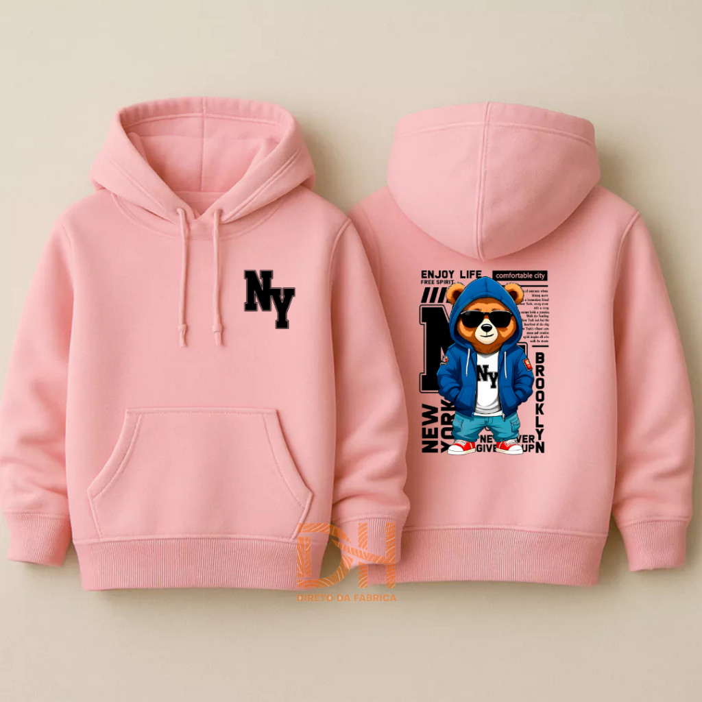 Moletom Infantil Juvenil Ny Estampado Urso New York Blusa de Frio Flanelada Com Bolso e Capuz — imagem 2 de 2