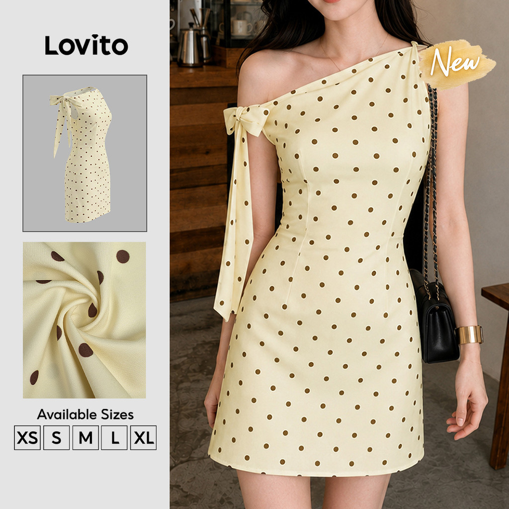(New Arrival) Lovito Vestido Feminino Amareloclaro Com Estampa De Bolinhas Amarração E Barra Assimétrica Para Primavera/verão Casual Curto E Evasê DRB206TD164